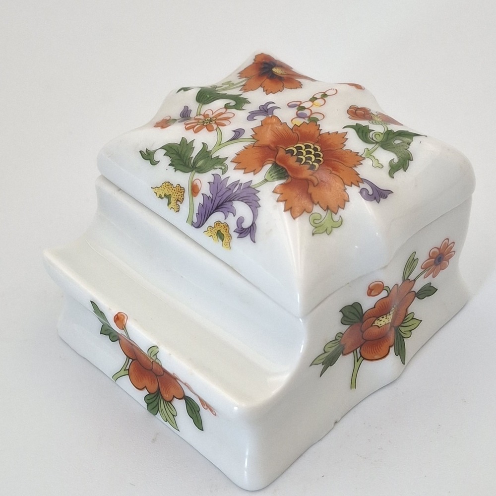 Rare Vintage Rochard Limoges Floral Orange Purple Porcelain Trinket Box 2" X 2"